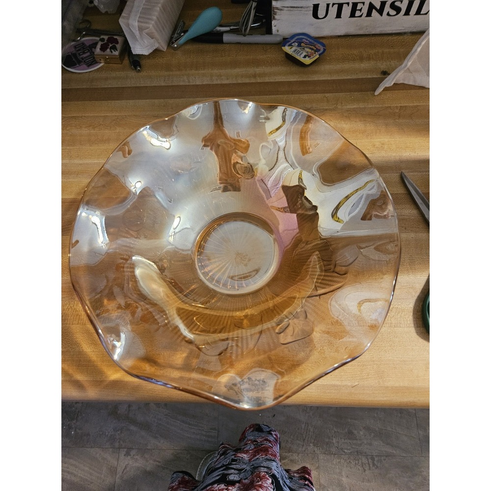 Vintage Iridescent Orange Indiana Glass 11 3/4" Bowl‎ Ruffle Edge